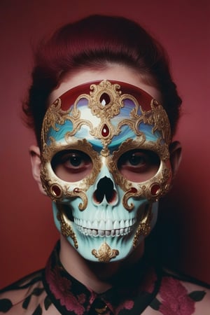 the portrait is a transparent skull-shaped half mask on a person's face, in the style of psychedelic surrealism, poodlepunk, fashion photography, young British artist (ybas), photo taken with provia, dark red, wild style