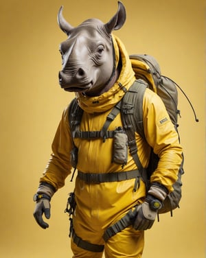 large format photo of a a man with a rhino's head, wearing hiking equipment, full body, yellow studio background, hard light, (eye level : 1.2), Aaton LTR with a 50mm lens, in style of Martin Schoeller