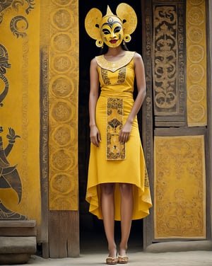 large format photo of a girl with wayang golek mask, (wearing yellow batik) with minimalism style, full body, hard light, (candid, : 1.2), Aaton LTR with a 50mm lens, in style of Martin Schoeller