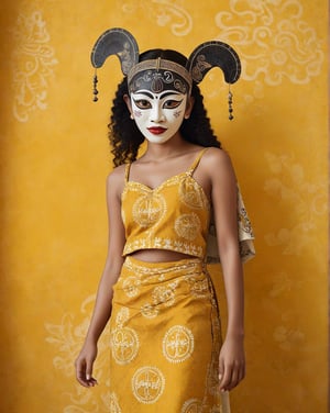 large format photo of a girl with wayang mask without nose, (wearing batik) with minimalism style, full body, yellow minimalism background, hard light, (candid, : 1.2), Aaton LTR with a 50mm lens, in style of Martin Schoeller