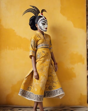 large format photo of a girl with wayang mask, (wearing batik) with minimalism style, full body, yellow minimalism background, hard light, (candid, : 1.2), Aaton LTR with a 50mm lens, in style of Martin Schoeller