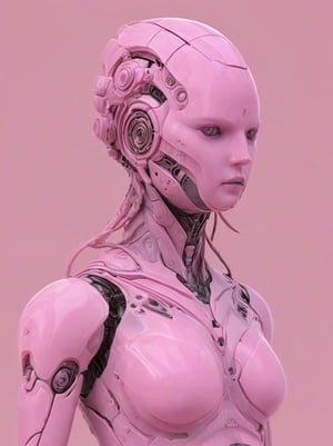 A highly detailed, futuristic and surreal illustration of a humanoid figure with a complex, layered helmet design. The figure should have a sleek, minimalistic aesthetic with smooth textures and a monolithic pink color scheme. The helmet should feature organic, flowing shapes that merge seamlessly with the head, incorporating geometric patterns. The background should be simple and clean to highlight the intricate design of the figure. The overall style should evoke a sense of advanced technology and abstract art.