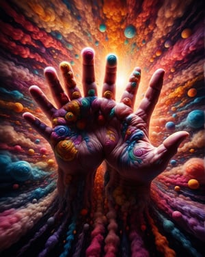 The image of god hand in a psychedelic surrealism style features swirling, vibrant colors that blend together in a dreamlike manner. god hand figure is distorted and elongated, with exaggerated features that seem to morph and shift before the viewer's eyes. The composition is chaotic yet balanced, with a sense of movement and energy that pulls the viewer into the surreal world of the image. The lighting is intense and dramatic, casting deep shadows and highlighting the surreal elements of the scene. Overall, the image captures a sense of otherworldly beauty and mystique, drawing the viewer into a mesmerizing and hypnotic visual experience.,ral-flufblz