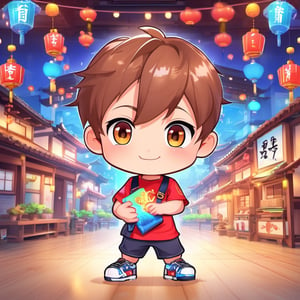 Chibi Mascot with head of a boy, wearing t-shirt that says "小书童",  holding a bo'o'ook,Split lighting,3d style
