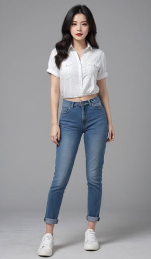 1girl, solo, long hair, looking at viewer, simple background, black hair, shirt, closed mouth, standing, full body, white shirt, short sleeves, shoes, shorts, grey background,  white footwear, denim, blue pants, tightly-fitted jeans, realistic, red lips
