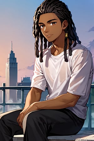 score_9, score_8_up, score_7_up, score_6_up, masterpiece, absurdres, intricate details, brown skin, brown eyes, black hair, (((dreadlocks))), shujin academy uniform, sitting, male focus, 1boy, solo, anime coloring, dark purple sky, fog, building, outdoors, official style, shirt, 