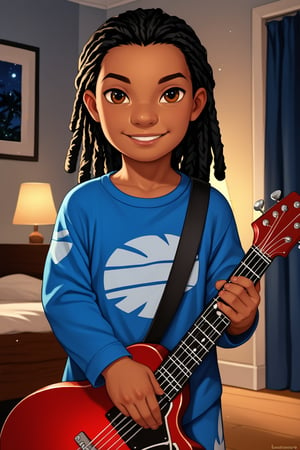 score_9, score_8_up, score_7_up, score_6_up, score_5_up, score_4_up, human, human boy, solo, blue pajamas, Guitar, Hawaii, realistic, bedroom, night, puckered lips, high cheekbones, 
standing, long dreadlocks, child, smile, looking at viewer,perfect finger,hand,dark skin, brown eyes, black hair, LiloLSXL