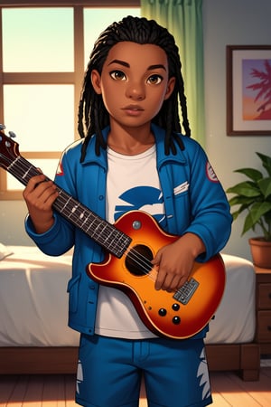 score_9, score_8_up, score_7_up, score_6_up, score_5_up, score_4_up, human, human boy, solo, blue white shirt, blue jacket, blue shorts, Guitar, Hawaii, realistic, bedroom, day, full lips, high cheekbones, 
standing, long dreadlocks, child, looking at viewer,perfect finger,hand,dark skin, brown eyes, black hair, LiloLSXL