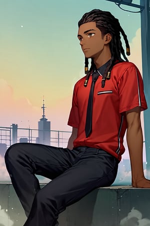 score_9, score_8_up, score_7_up, score_6_up, masterpiece, absurdres, intricate details, brown skin, brown eyes, black hair, (((dreadlocks))), shujin academy uniform, sitting, male focus, 1boy, solo, anime coloring, dark purple sky, fog, building, outdoors, official style, shirt, 