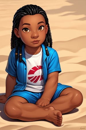 score_9, score_8_up, score_7_up, score_6_up, score_5_up, score_4_up, human, human boy, solo, blue white shirt, blue jacket, blue shorts, Hawaii, realistic, beach, day, full lips, high cheekbones, 
sitting, long dreadlocks, child, looking at viewer,perfect finger,hand,dark skin, brown eyes, black hair, LiloLSXL