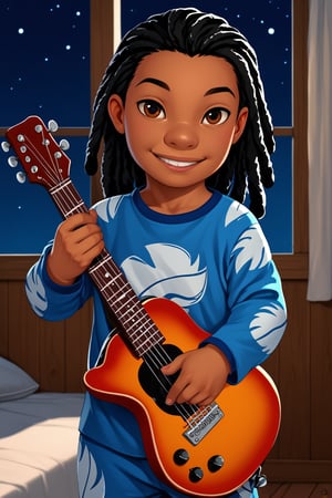 score_9, score_8_up, score_7_up, score_6_up, score_5_up, score_4_up, human, human boy, solo, blue pajamas, Guitar, Hawaii, realistic, bedroom, night, full lips, high cheekbones, 
standing, long dreadlocks, child, smile, looking at viewer,perfect finger,hand,dark skin, brown eyes, black hair, LiloLSXL