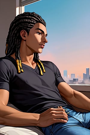 score_9, score_8_up, score_7_up, score_6_up, masterpiece, absurdres, intricate details, brown skin, brown eyes, black hair, (((dreadlocks))), full lips, black shirt,  blue jeans, relaxing, male focus, 1boy, solo, anime coloring, dark purple sky, fog, building, indoors, official style, shirt, 