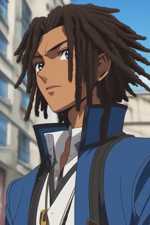 score_9, score_8_up, score_7_up, score_6_up, masterpiece, best quality, amazing quality, best aesthetic, absurdres, intricate details, detailed face,source_anime, (((dark skinned male))), brown skin, brown eyes, black hair,  (((dreadlocks))), blue jacket, male focus, 1boy, solo, anime coloring, sky, day, cloud, building, jacket, outdoors, official style, parody, school uniform, shirt, blue sky