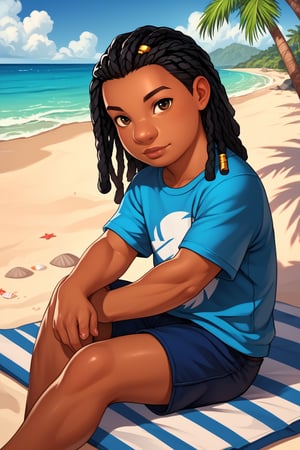 score_9, score_8_up, score_7_up, score_6_up, score_5_up, score_4_up, human, human boy, solo, blue white shirt, blue jacket, blue shorts, Hawaii, realistic, beach, day, full lips, high cheekbones, 
sitting, long dreadlocks, child, looking at viewer,perfect finger,hand,dark skin, brown eyes, black hair, LiloLSXL