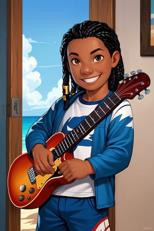 score_9, score_8_up, score_7_up, score_6_up, score_5_up, score_4_up, human, human boy, solo, blue white shirt, blue jacket, blue shorts, Guitar, Hawaii, realistic, bedroom, day, full lips, high cheekbones, 
standing, long dreadlocks, child, grin, looking at viewer,perfect finger,hand,dark skin, brown eyes, black hair, LiloLSXL