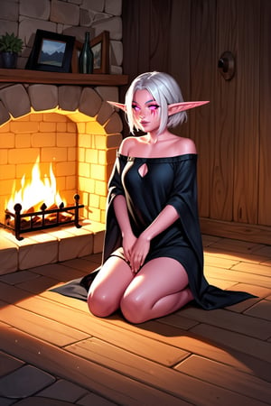 score_9, score_8_up, score_7_up, score_6_up, score_5_up, score_4_up,solo, night elf girl, colored_skin, purple_skin, pink_eyes, short_hair, pale hair, realistic, indoors, cottage, ,night, fireplace,AddXL, anime style,Elf, pointy ears, black robes