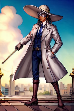 score_9, score_8_up, score_7_up, score_6_up, masterpiece, absurdres, intricate details, brown skin, brown eyes, black hair, (((dreadlocks))), (((stylish silver detective trench coat, (((silver venetian eye mask))), (((grey wide brimmed hat))), detective gloves, boots, silver cane))), fighting pose, male focus, 1boy, solo, anime coloring, purple sky, haze, cloud, building, outdoors, official style, shirt, full_body