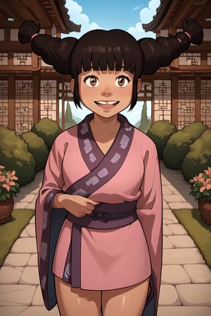 score_9, score_8_up, score_7_up, score_6_up, score_5_up, score_4_up,source_anime, 1girl,petite,Meng,buck_teeth,beige_skin,brown_eyes,kimono,sash,sexy pose,thighs,garden,1girl,Meng,masterpiece,cartoon