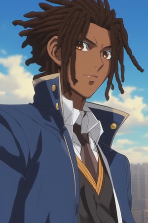 score_9, score_8_up, score_7_up, score_6_up, masterpiece, best quality, amazing quality, best aesthetic, absurdres, intricate details, detailed face,source_anime, (((dark skinned male))), brown skin, brown eyes, black hair,  (((dreadlocks))), blue jacket, male focus, 1boy, solo, anime coloring, sky, day, cloud, building, jacket, outdoors, official style, parody, school uniform, shirt, blue sky