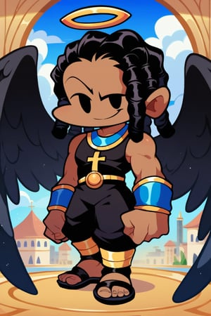 score_9, score_8_up, score_7_up, chibi, boy,solo, long black hair, (((dreadlocks))), dark skin, black eyes, smile, black greek robes, toga, (((black angel wings, black wings))),sandals, (((blue halo))],heaven, clouds, golden buildings, detailed background, Friday night funkin style, 