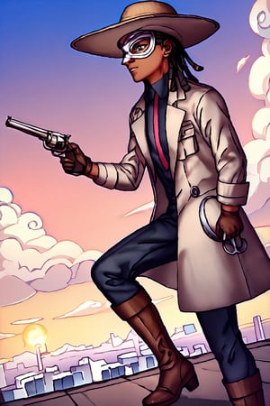 score_9, score_8_up, score_7_up, score_6_up, masterpiece, absurdres, intricate details, brown skin, brown eyes, black hair, (((dreadlocks))), (((stylish silver detective trench coat, (((silver venetian eye mask))), (((brown wide brimmed hat))), detective gloves, boots, revolver))), fighting pose, male focus, 1boy, solo, anime coloring, purple sky, haze, cloud, building, outdoors, official style, shirt, full_body