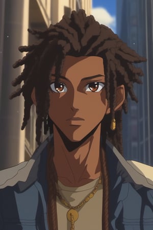 score_9, score_8_up, score_7_up, score_6_up, masterpiece, best quality, amazing quality, best aesthetic, absurdres, intricate details, detailed face,source_anime, (((dark skinned male))), brown skin, brown eyes, black hair,  (((dreadlocks))), male focus, 1boy, solo, anime coloring, sky, day, cloud, building, jacket, outdoors, official style, parody, shirt, full_body,