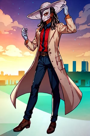 score_9, score_8_up, score_7_up, score_6_up, masterpiece, absurdres, intricate details, brown skin, brown eyes, black hair, (((dreadlocks))), (((stylish silver detective trench coat, (((silver venetian mask))), silver wide brimmed hat, detective gloves))), dynamic pose, male focus, 1boy, solo, anime coloring, purple sky, , cloud, building, outdoors, official style, shirt, full_body