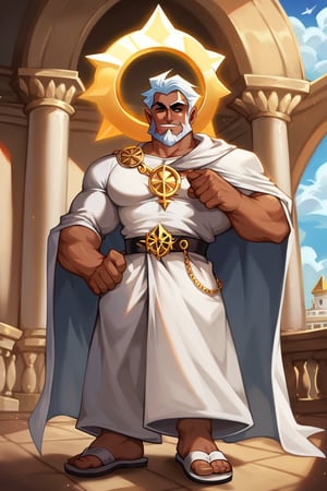 score_9, score_8_up, score_7_up, 1man, solo, long white hair, long white beard, dark skin, black eyes, muscular, white robes, feathery cloak, sandals golden halo, heaven, clouds, golden buildings, GOD, detailed background, indoors, Friday night funkin style