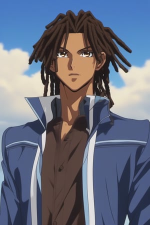 score_9, score_8_up, score_7_up, score_6_up, masterpiece, best quality, amazing quality, best aesthetic, absurdres, intricate details, detailed face,source_anime, (((dark skinned male))), brown skin, brown eyes, black hair,  (((dreadlocks))), blue jacket, male focus, 1boy, solo, anime coloring, sky, day, cloud, building, jacket, outdoors, official style, parody, school uniform, shirt, full_body,