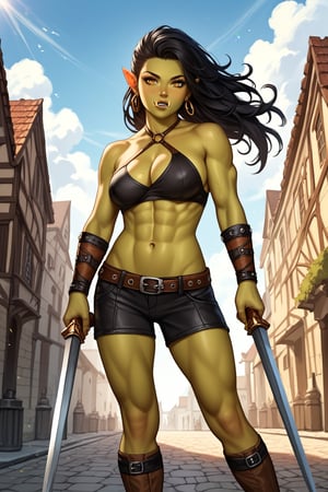 score_9, score_8_up, score_7_up, score_6_up, score_5_up, score_4_up,solo, orc girl, colored_skin, muscular, green_skin, yellow_eyes, dark hair, realistic, fantasy city, ,day,,AddXL, warrior robes, weapon, anime style,GoblinGrimgrim