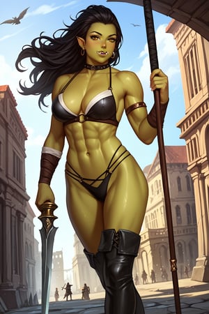 score_9, score_8_up, score_7_up, score_6_up, score_5_up, score_4_up,solo, orc girl, colored_skin, muscular, green_skin, yellow_eyes, dark hair, realistic, fantasy city, ,day,,AddXL, warrior robes, weapon, anime style,GoblinGrimgrim