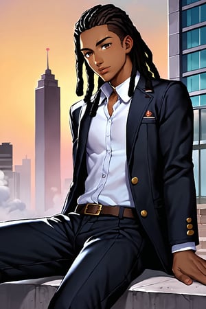 score_9, score_8_up, score_7_up, score_6_up, masterpiece, absurdres, intricate details, brown skin, brown eyes, black hair, (((dreadlocks))), full lips, shujin academy uniform, sitting, male focus, 1boy, solo, anime coloring, dark purple sky, fog, building, outdoors, official style, shirt, 