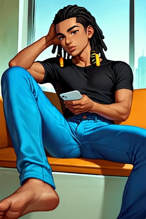 score_9, score_8_up, score_7_up, score_6_up, masterpiece, absurdres, intricate details, brown skin, brown eyes, black hair, (((dreadlocks))), full lips, black shirt,  blue jeans, relaxing, male focus, 1boy, solo, anime coloring, dark purple sky, fog, building, indoors, official style, shirt, 