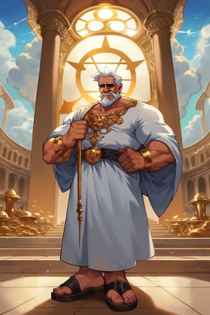 score_9, score_8_up, score_7_up, 1man, old man, solo, long white hair, long white beard, dark skin, black eyes, muscular, white robes, feathery cloak, sandals golden halo, heaven, clouds, golden buildings, GOD, detailed background, indoors, Friday night funkin style