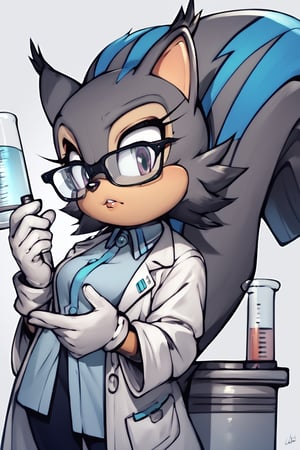 score_9, score_8_up, score_7_up, score_6_up, score_5_up, score_4_up, 1girl, anthro, squirrel girl (((grey fur with blue stripe, glasses, lab coat, white gloves))), tech lab, yuji uekawa