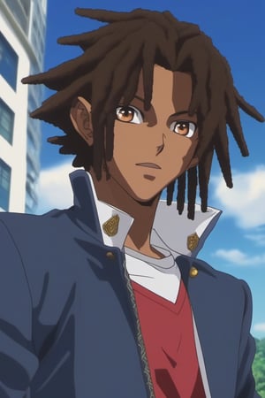 score_9, score_8_up, score_7_up, score_6_up, masterpiece, best quality, amazing quality, best aesthetic, absurdres, intricate details, detailed face,source_anime, (((dark skinned male))), brown skin, brown eyes, black hair,  (((dreadlocks))), blue jacket, male focus, 1boy, solo, anime coloring, sky, day, cloud, building, jacket, outdoors, official style, parody, school uniform, shirt, blue sky