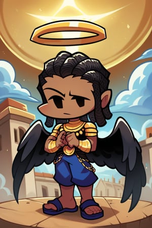 score_9, score_8_up, score_7_up, chibi, boy,solo, long black hair, (((dreadlocks))), dark skin, black eyes, black greek robes, toga, (((black angel wings, black wings))),, sandals, (((blue halo))],heaven, clouds, golden buildings, detailed background, Friday night funkin style, 