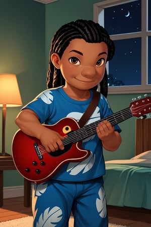 score_9, score_8_up, score_7_up, score_6_up, score_5_up, score_4_up, human, human boy, solo, blue pajamas, Guitar, Hawaii, realistic, bedroom, night, standing, long dreadlocks, child, smile, looking at viewer,perfect finger,hand,dark skin, brown eyes, black hair, LiloLSXL