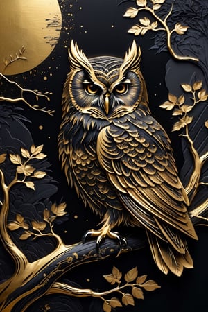 masterpiece, high quality photo, cool tone, (black simple background), (Owls carved on gold),INK,ink