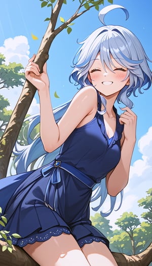  (masterpiece), best quality, 1girl, wearing blue sleeveless dress, closed eyes, smile, blush, furinadef, ahoge, blue sleeveless gown furinarnd, sit on a tree, tree roots on her side,