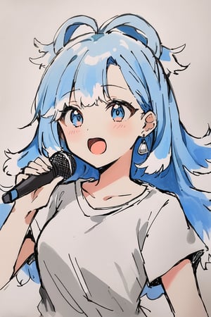 score_9, score_8_up, score_7_up, source_anime, sketch style, fanart style, 1girl, solo, KoboKanaeru, blue eyes, long hair, blue hair, colored tips, white hair, earrings, white T-Shirt, closed eyes, SuchSimple, holding microphone, screaming at microphone as hard as possible, open mouth, simple white background, sketchy, Pencil_Sketch, messy lines, traditional media, sketch