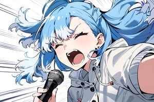 masterpiece, best quality, very aesthetic, absurdres, illustration style, 1girl, solo, KoboKanaeru, blue eyes, long hair, blue hair, colored tips, white hair, earrings, white jacket, raincoat, cropped hoodie, drawstring, closed eyes, mad, angry, holding microphone, screaming at microphone as hard as possible, open mouth, simple white background, speed line