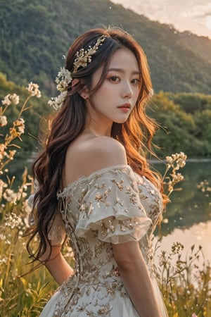 Jisoo stands majestically amidst a picturesque meadow, her porcelain skin glowing warmly under the golden light of sunset. Soft sidelighting highlights the delicate contours of her face, while ambient lighting casts a serene ambiance across the lush greenery. Her long hair flows gently in the breeze as she gazes out at the breathtaking vista before her, her full-body pose exuding confidence and poise. The camera captures every exquisite detail, from the subtle texture of her clothing to the intricate patterns on the flowers surrounding her. In the distance, a serene lake sparkles like diamonds against the warm tone of the setting sun, creating a cinematic masterpiece that transports viewers to a world of breathtaking beauty.4K,