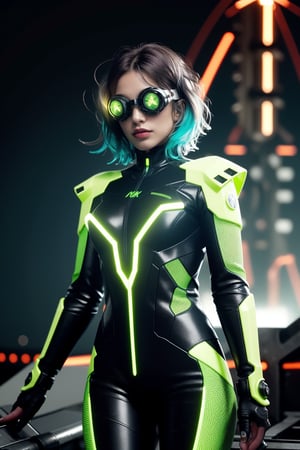 vibrant colors, female, masterpiece, sharp focus, best quality, depth of field, cinematic lighting, ((solo, one woman )), (illustration, 8k CG, extremely detailed), masterpiece, ultra-detailed, Kingdom of Mechanisms

Hair Length: Short and shaggy
Hair Color: Bright Cyan
Eye color: Neon yellow
Clothes: Engineer suit with metal parts, night vision goggles.

This figure stood in the Clockwork Realm, with short, bright cyan hair that seemed to glow with electrical energy. Neon yellow eyes scrutinized the complex mechanisms and machines that populated the kingdom. He wore an engineer's suit with metal parts and night vision goggles, immersed in his work of creating and maintaining the kingdom's machines.