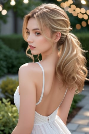 Produce a high-quality, realistic image of a woman with a half-up, half-down hairstyle. The top half of her hair should be pulled back and secured with a stylish clip or hair tie, while the rest of her hair flows freely down her back. The hair should have soft, loose curls, adding volume and movement. Her hair color should be a soft caramel blonde with subtle balayage highlights. The background can be a romantic or whimsical setting, such as a garden or a vintage-inspired room. Ensure the lighting captures the texture and natural beauty of her curls.