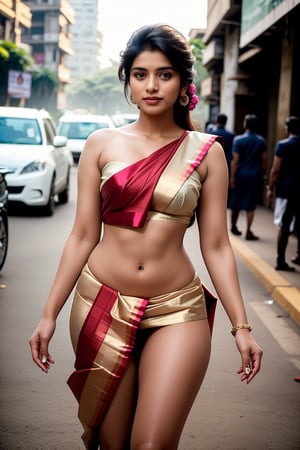 Priya, a 26-year-old Indian woman, graces the bustling streets of Mumbai with effortless elegance. Her almond-shaped eyes, the color of rich mahogany, shine with intelligence and warmth. Her slender figure moves gracefully, draped in a simple yet chic saree that accentuates her curves.

