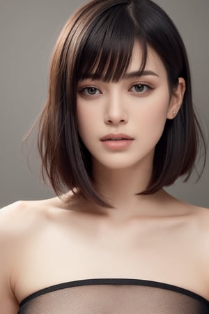 Create a high-quality, realistic image of a woman with a bob haircut and bangs. Her hair should be cut into a sleek, chin-length bob with blunt, straight-across bangs that cover her forehead. The hair should be straight and smooth, with a glossy finish. Her hair color should be a rich, deep black. The background can be a modern, minimalist setting with clean lines and neutral tones, keeping the focus on her chic and contemporary hairstyle. Ensure the lighting highlights the smoothness and shine of her bob and bangs.