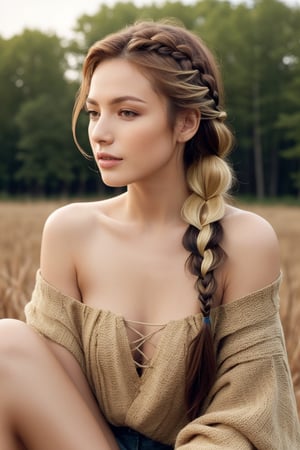 Design a high-quality, realistic image of a woman with a side braid hairstyle. Her hair should be gathered into a thick, loose braid that drapes over one shoulder. The braid should be slightly messy for a relaxed, bohemian look. Her hair color should be a warm auburn with golden highlights. The background can be a rustic outdoor setting, such as a field or a forest, to complement her earthy, natural style. Ensure the lighting captures the texture and intricate details of the braid.