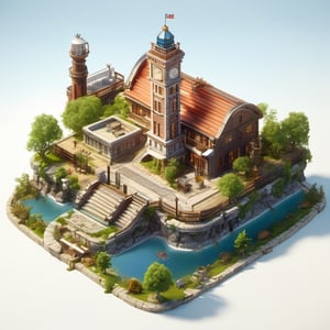 8k, RAW photos, top quality, masterpiece: 1.3),
The island of Ellis Island, surrounded by water
, miniature, landscape, depth of field, ladder,  from above, English text,architecture, tree, potted plants, isometric style, simple background, white background,3d isometric,steampunk style,ff14bg,DonMSt33lM4g1cXL