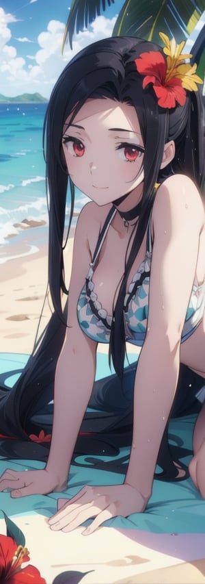 anime style beautiful woman, 1girl, (ponytail), black hair, (long hair), (smile), (beach), (outdoor, blue sky, beautiful fantasy tropics, sweet smile, vivid color, sunshine, flowers, hibiscus, scenery, Beautiful Beach)),  
Slender, skinny, (turime), thick eyebrows, 
((lying down, wet)),
vibrant colors, sharp focus, best quality, depth of field, cinematic lighting, (illustration, 8k CG, extremely detailed), ultra-detailed, high resolution, firefliesfireflies, perfect light, 
stylish pose, 8k, very clear, highest quality, high resolution. best quality, illustration, sax blue, 1girl, cute, (dynamic lighting:1.2), cinematic lighting, delicate facial features, detailed eyes, sharp pupils, realistic pupils, depth of field, bokeh, sharp focus, (hyper-detailed, bloom, glow:1.4), many small gems,Beautiful Beach,mayumi saegusa